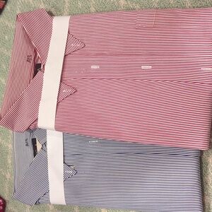Two dry cleaned red and blue stripe Jos A. bank all cotton 17.5x 35 mens shirts.